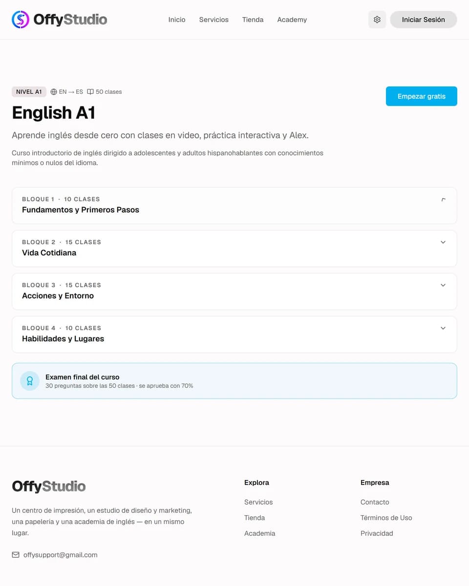 Real public English A1 course page with its four curriculum blocks collapsed.