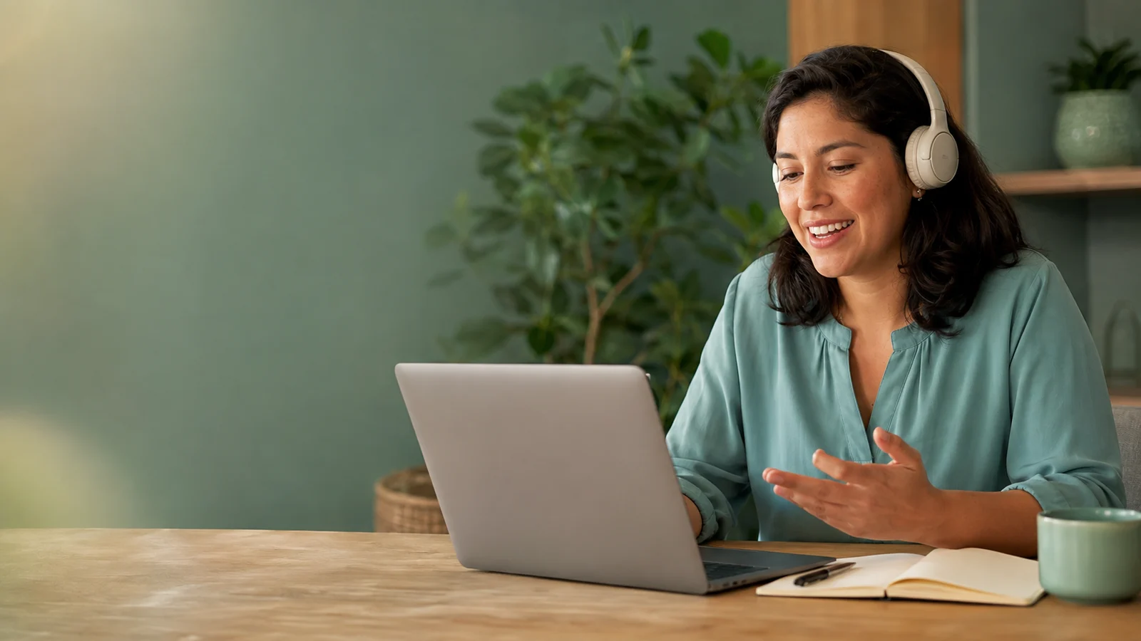Illustrative scene of an adult learner practicing with headphones and a laptop.