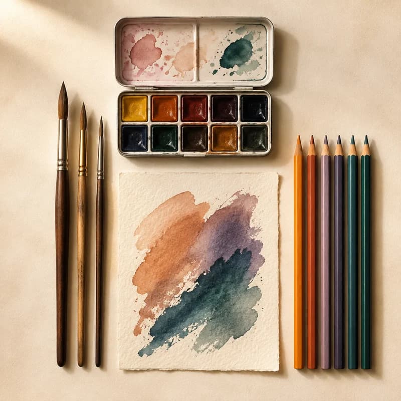 Watercolors, brushes and colored pencils with an abstract painted sample.
