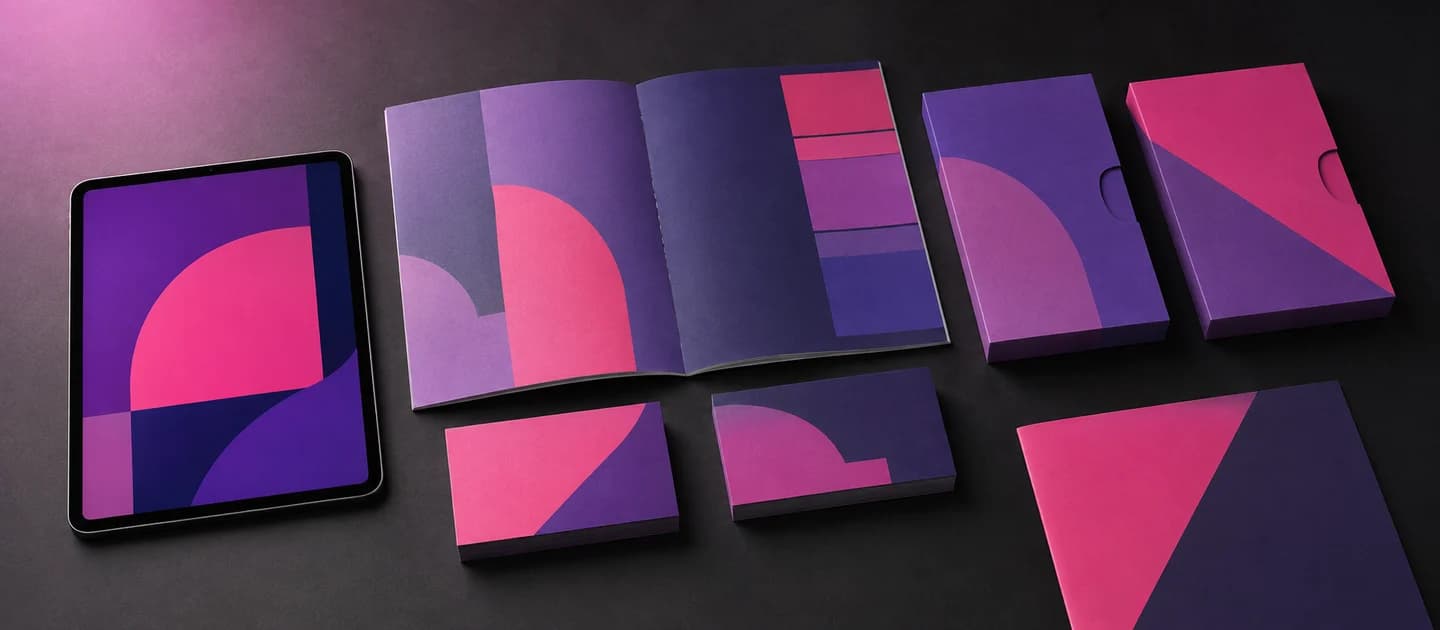 Concept brand identity in violet and pink across cards, packaging and a tablet.