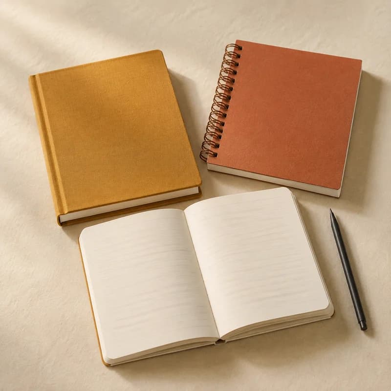 Ochre and terracotta notebooks alongside an open ruled notebook.
