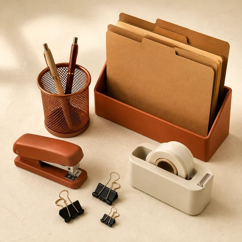Document folders, desk organizer, stapler and adhesive tape.