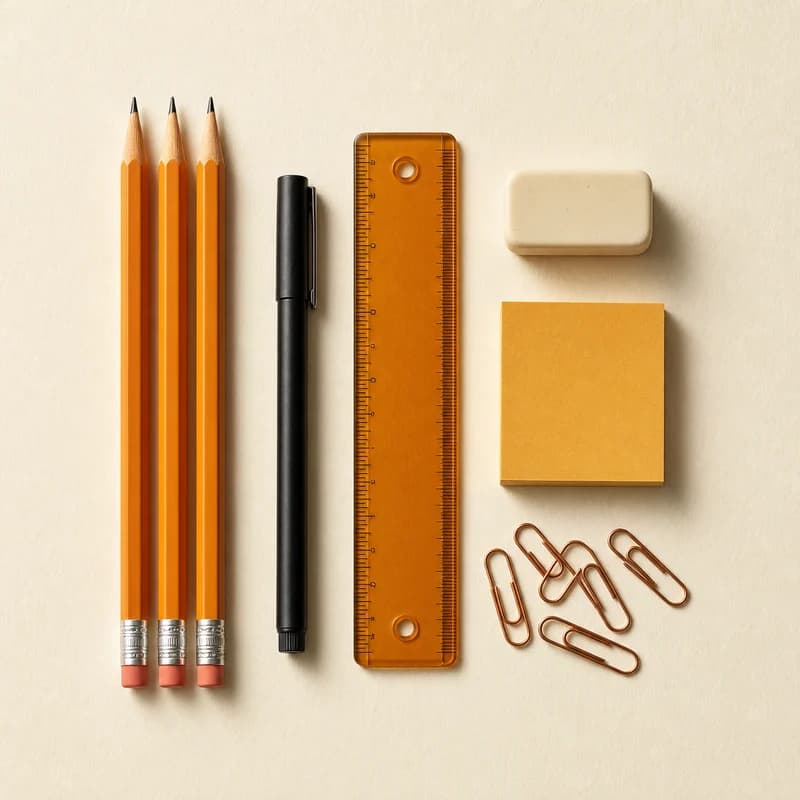 Pencils, pen, ruler, eraser and sticky notes on a cream surface.