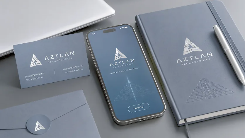 Conceptual technology brand applied to stationery and a mobile interface