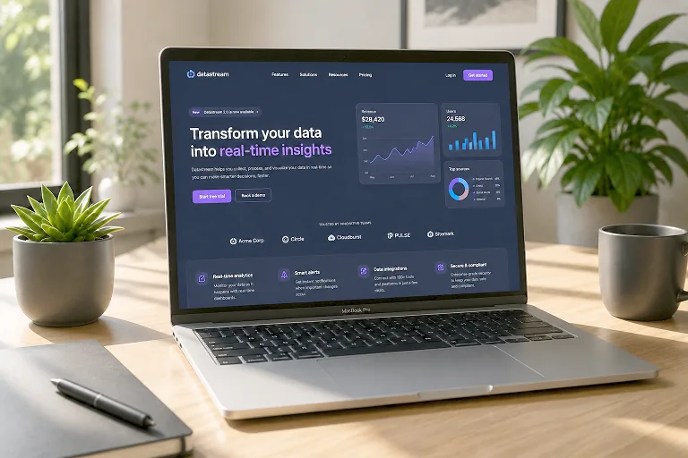 Conceptual software landing page displayed on a laptop